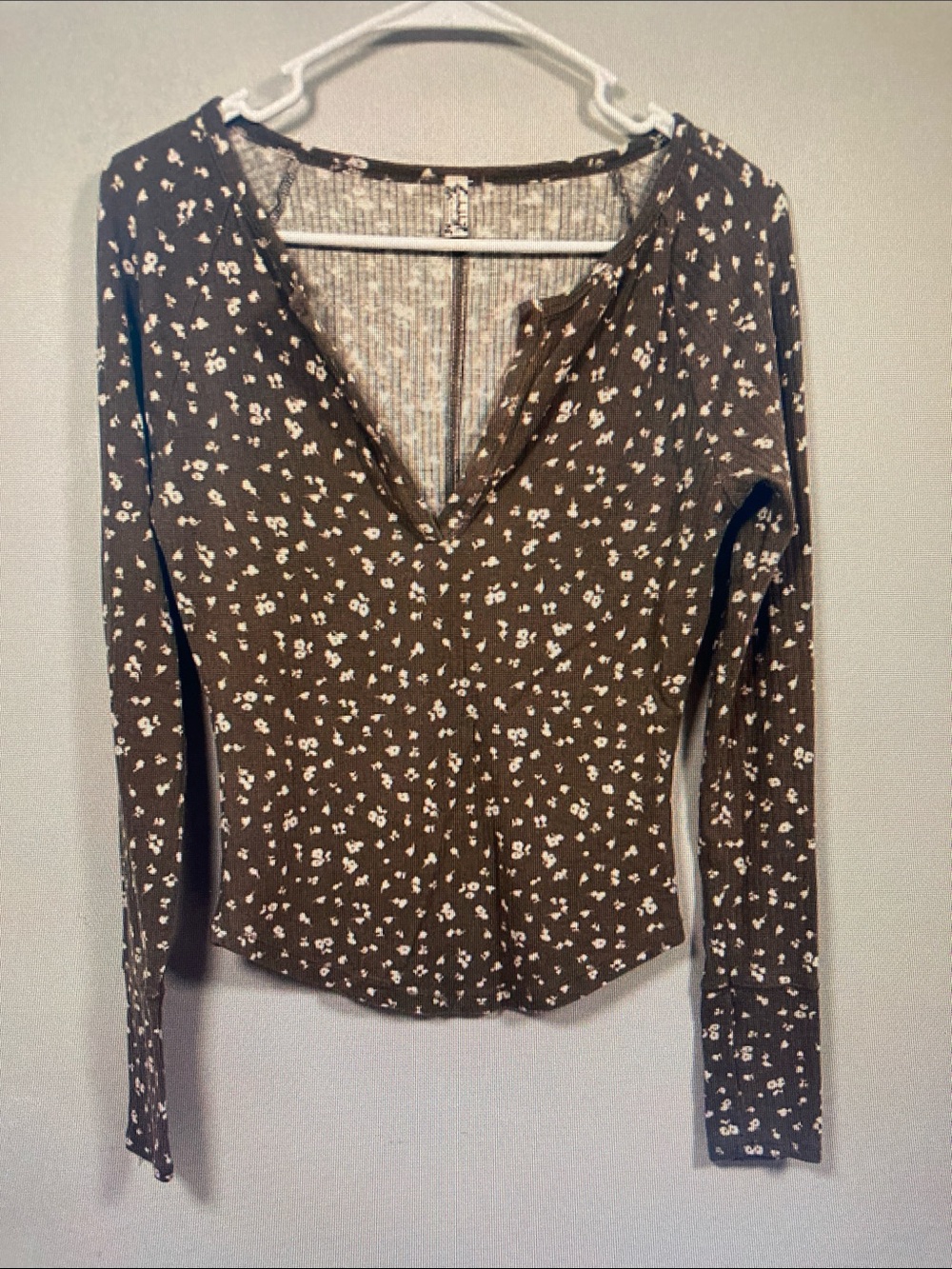 Free People Brown Floral V-Neck Long Sleeve Top
